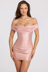 Satin Off-Shoulder Draped Mini Dress in Blush Pink