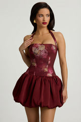 Halterneck Lace-Up Bubble Hem Mini Dress in Maroon Floral Print