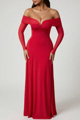 Off-Shoulder Lace-Up A-Line Midaxi Dress in Red