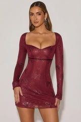 Embellished Sweetheart A-Line Mini Dress in Wine Red
