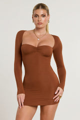 Long Sleeve Ruched Modal Cashmere Blend Mini Dress in Chestnut Brown