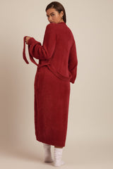 Fluffy Knit Longline Cardigan in Ruby Red
