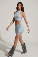 Embellished Mid Rise Mini Skirt in Aqua