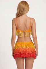 Fringed Low-Rise Mini Skirt in Orange Ombre