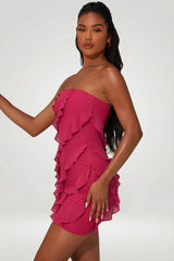 Bandeau Ruffle Detail Mini Dress in Raspberry
