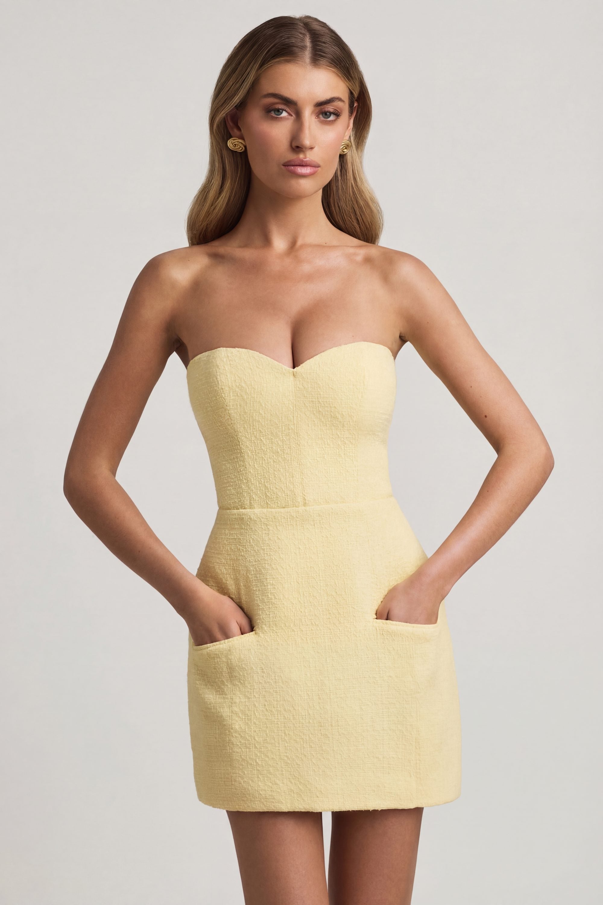 Sweetheart-Neck Strapless Structured Mini Dress in Pastel Yellow