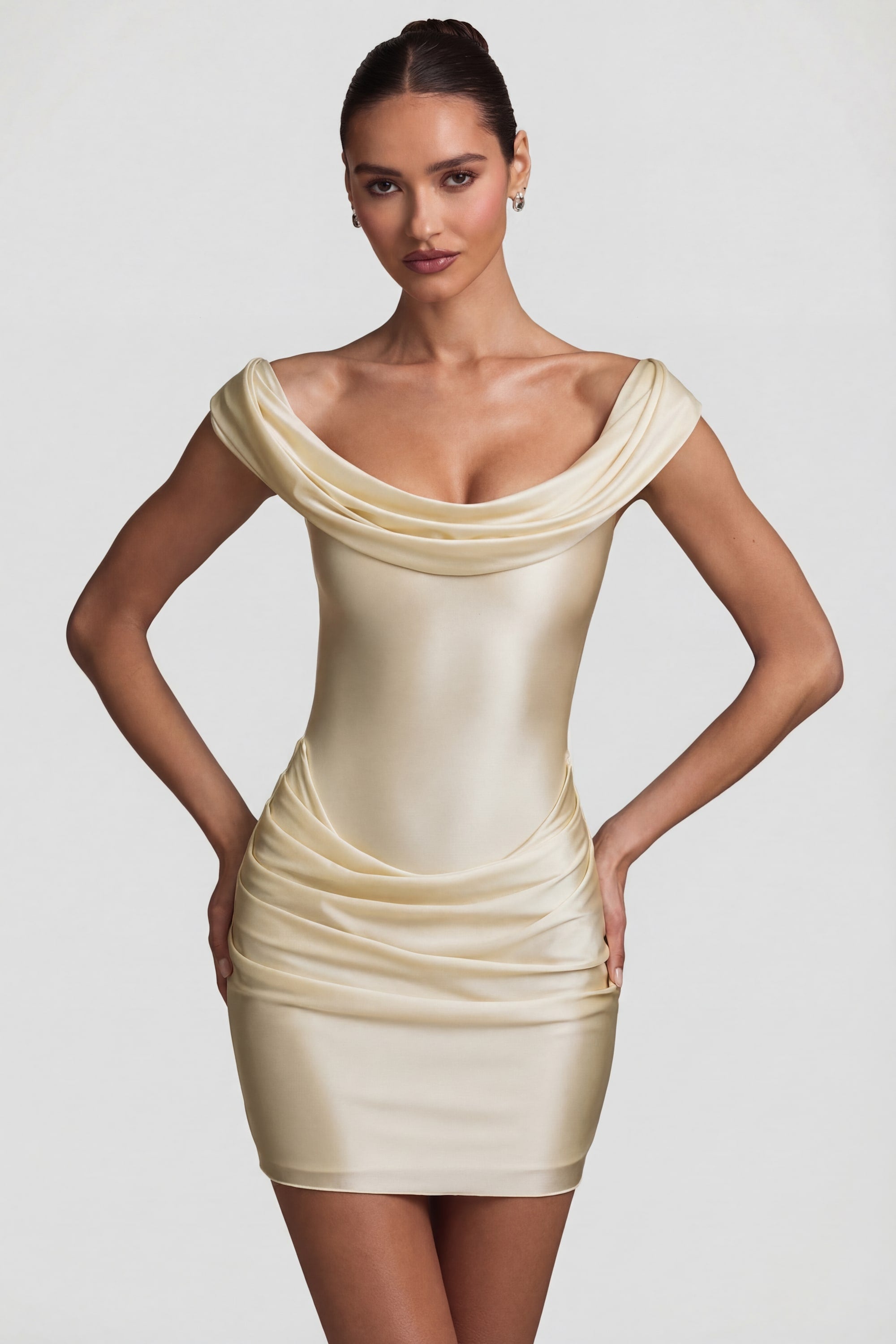 Satin Off-Shoulder Draped Mini Dress in Pearl