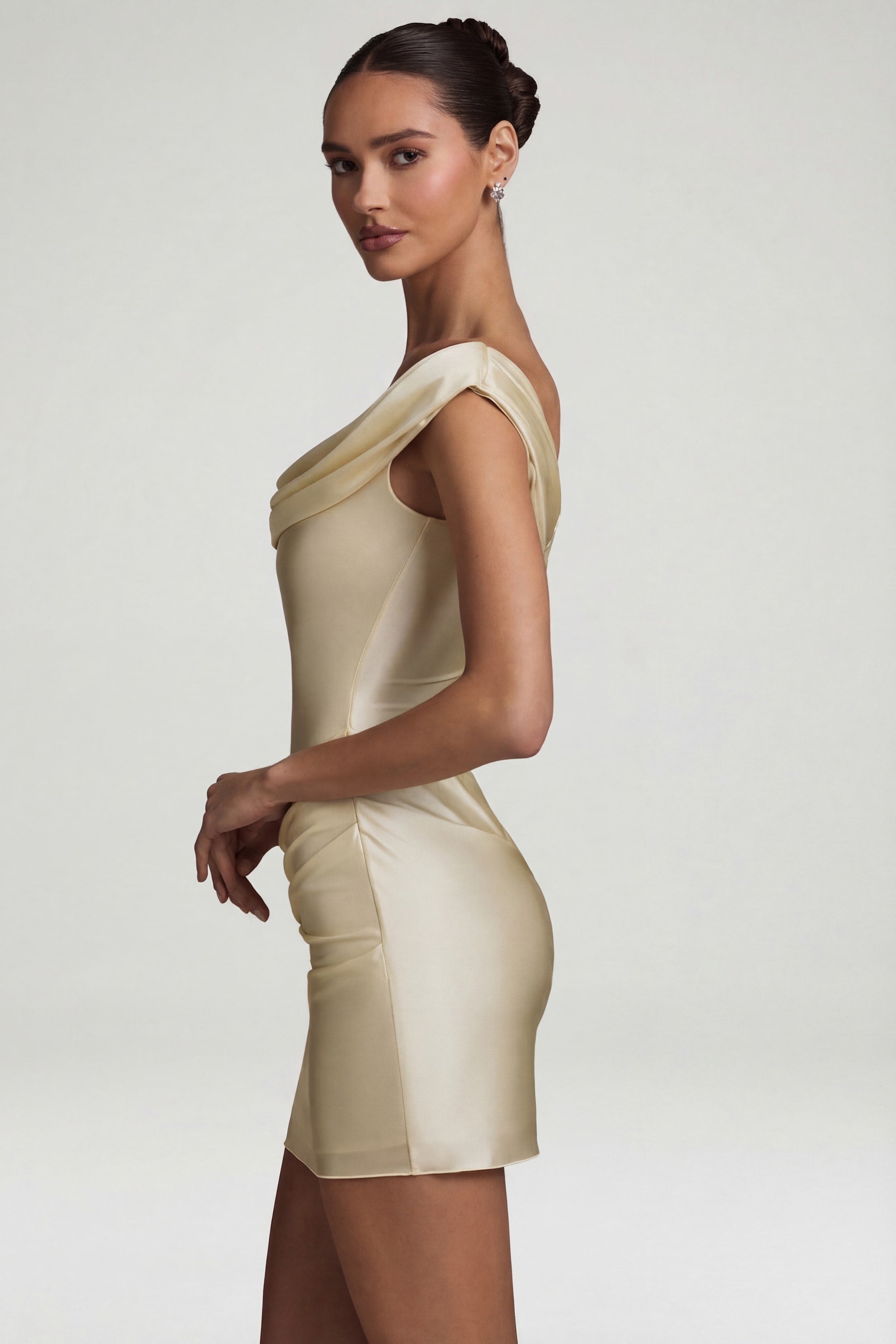 Satin Off-Shoulder Draped Mini Dress in Pearl