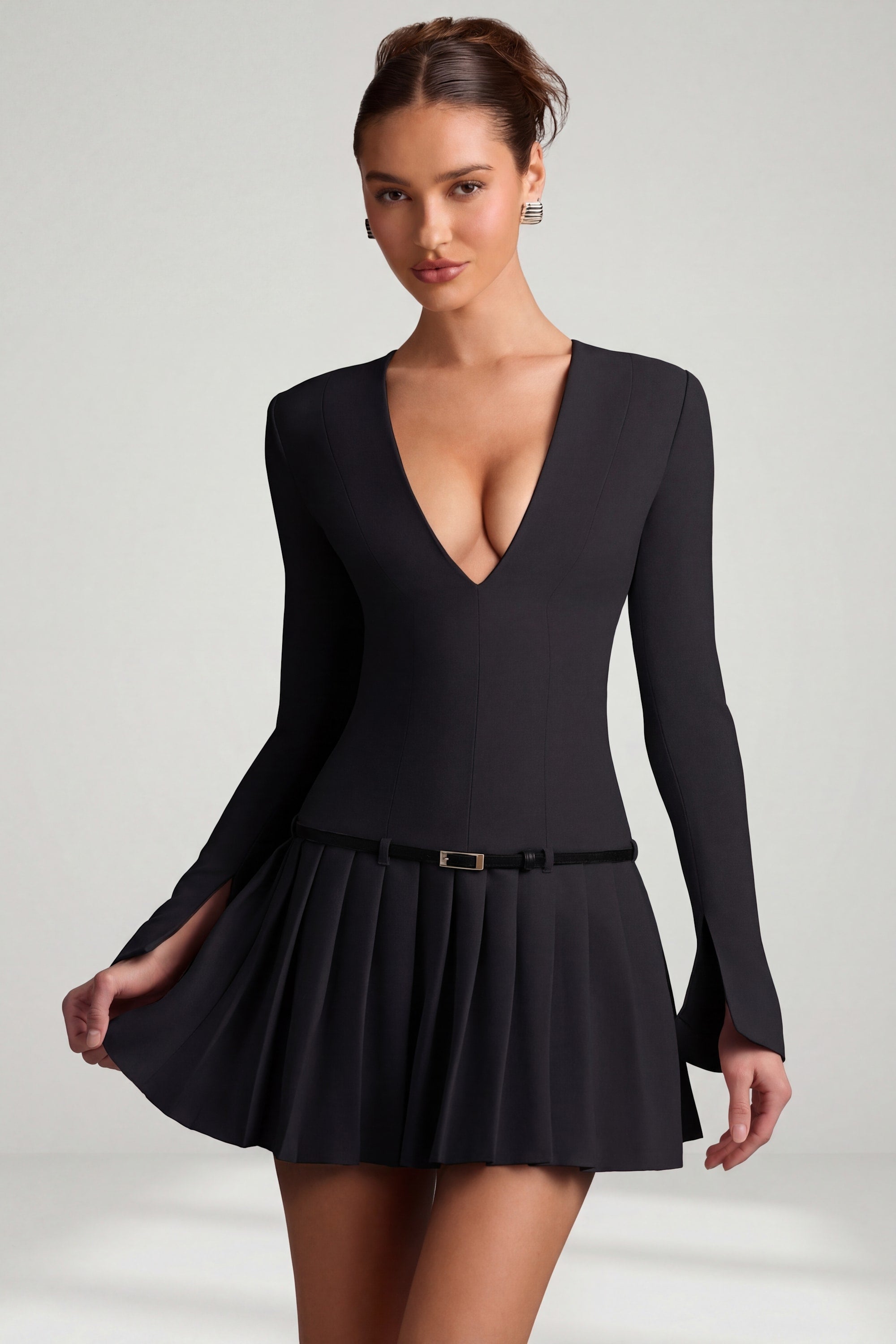 Long-Sleeve Pleated Mini Dress in Black