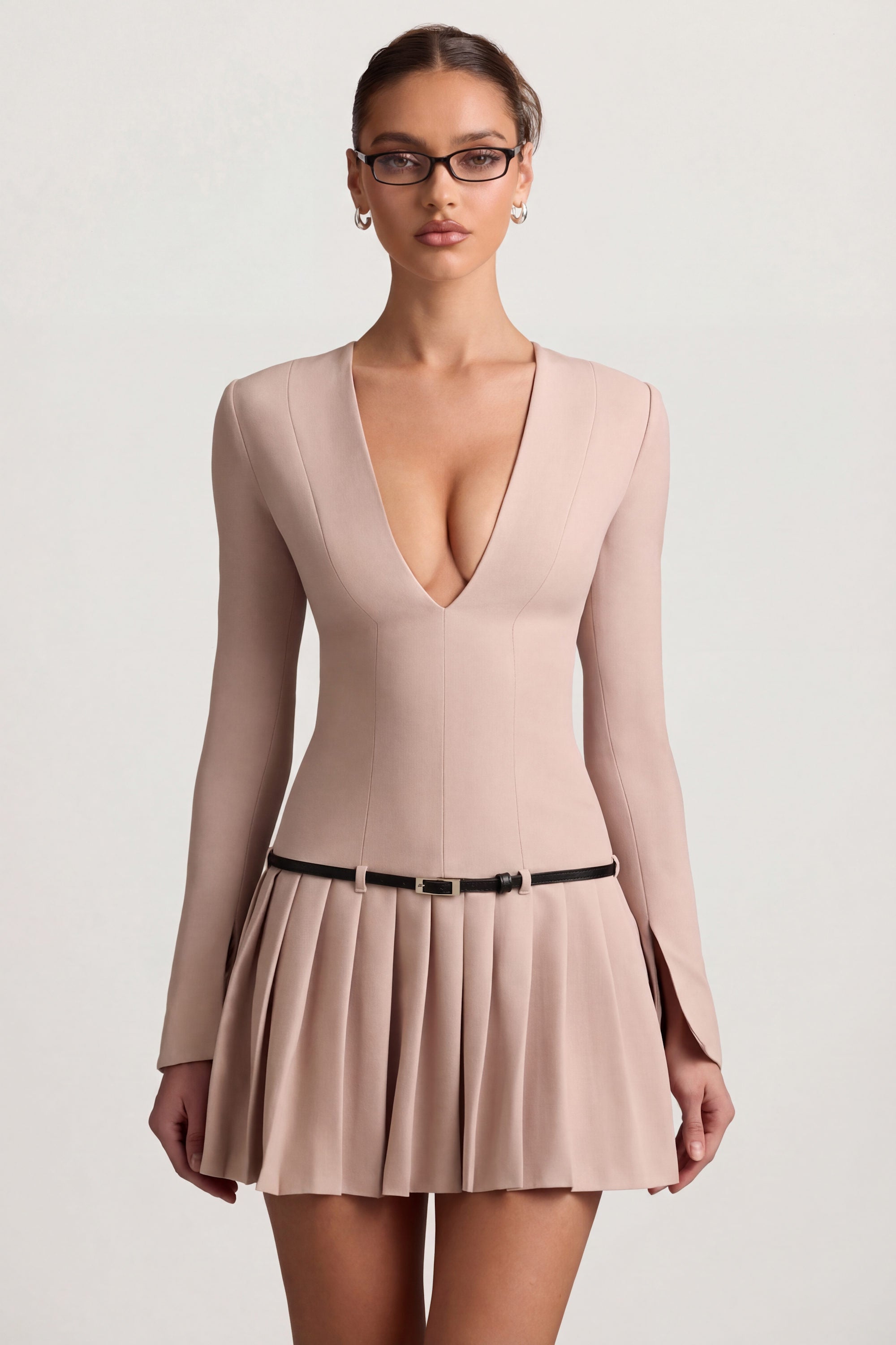 Long-Sleeve Pleated Mini Dress in Mushroom
