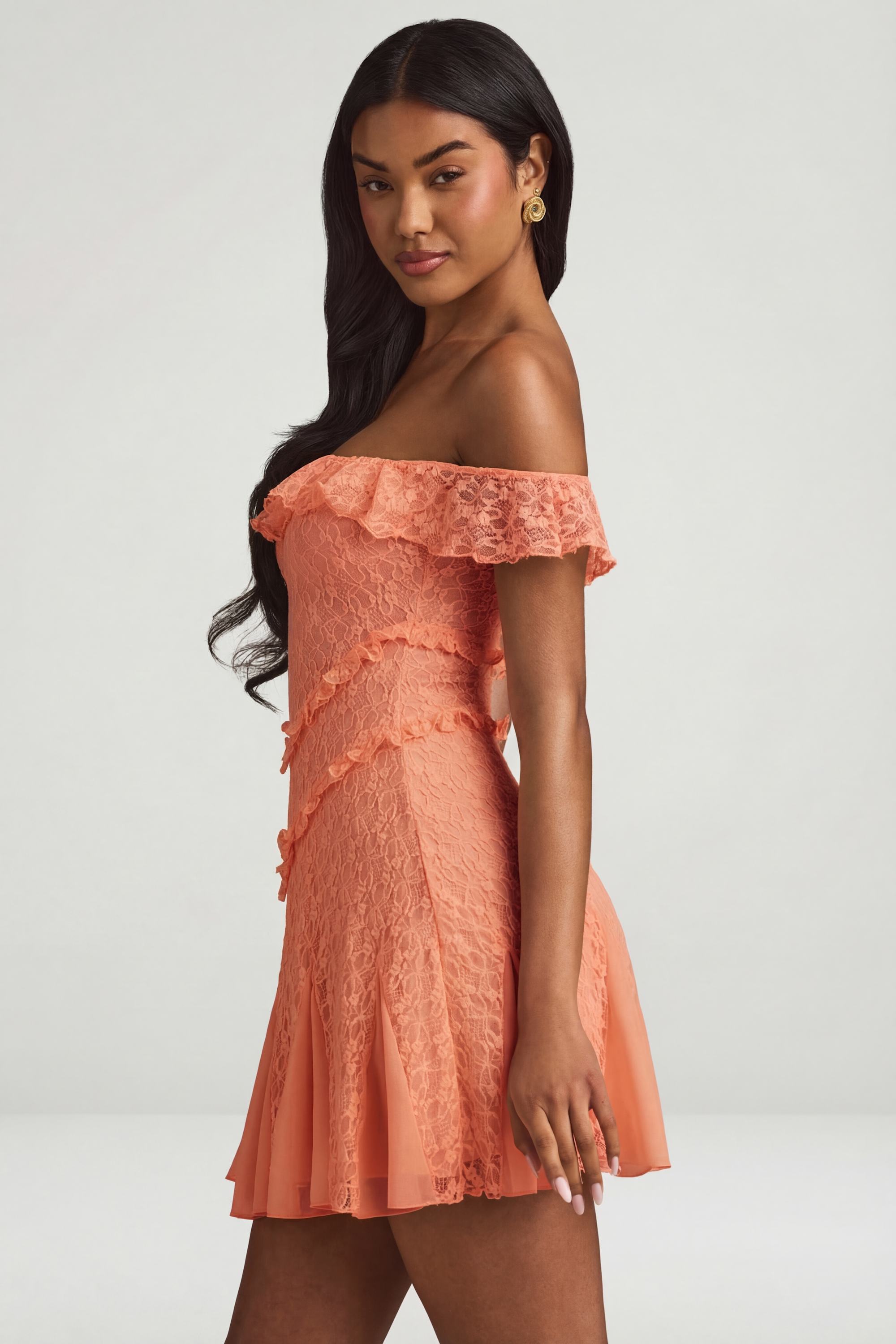 Off-Shoulder Lace A-Line Mini Dress in Peach