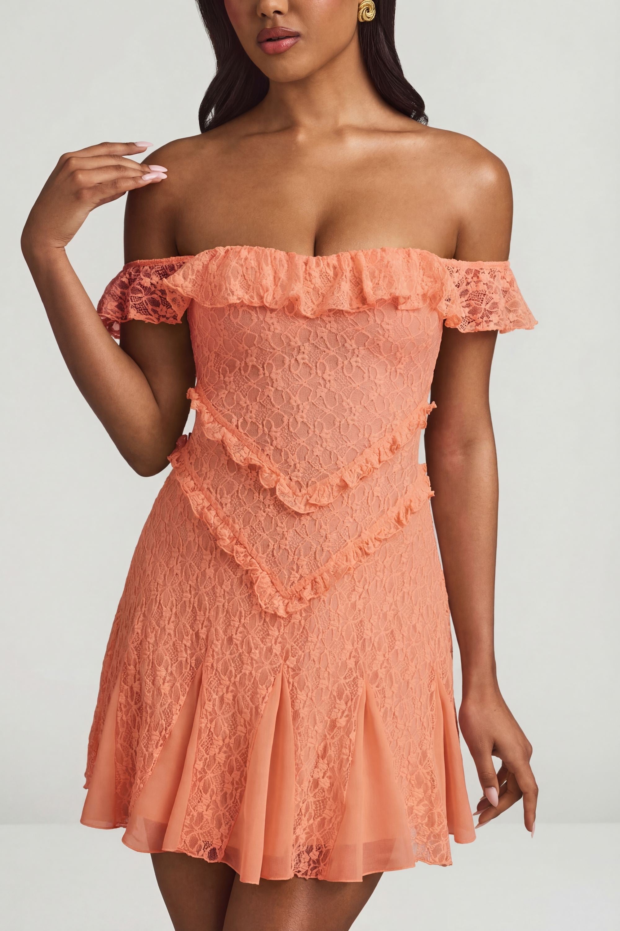 Off-Shoulder Lace A-Line Mini Dress in Peach