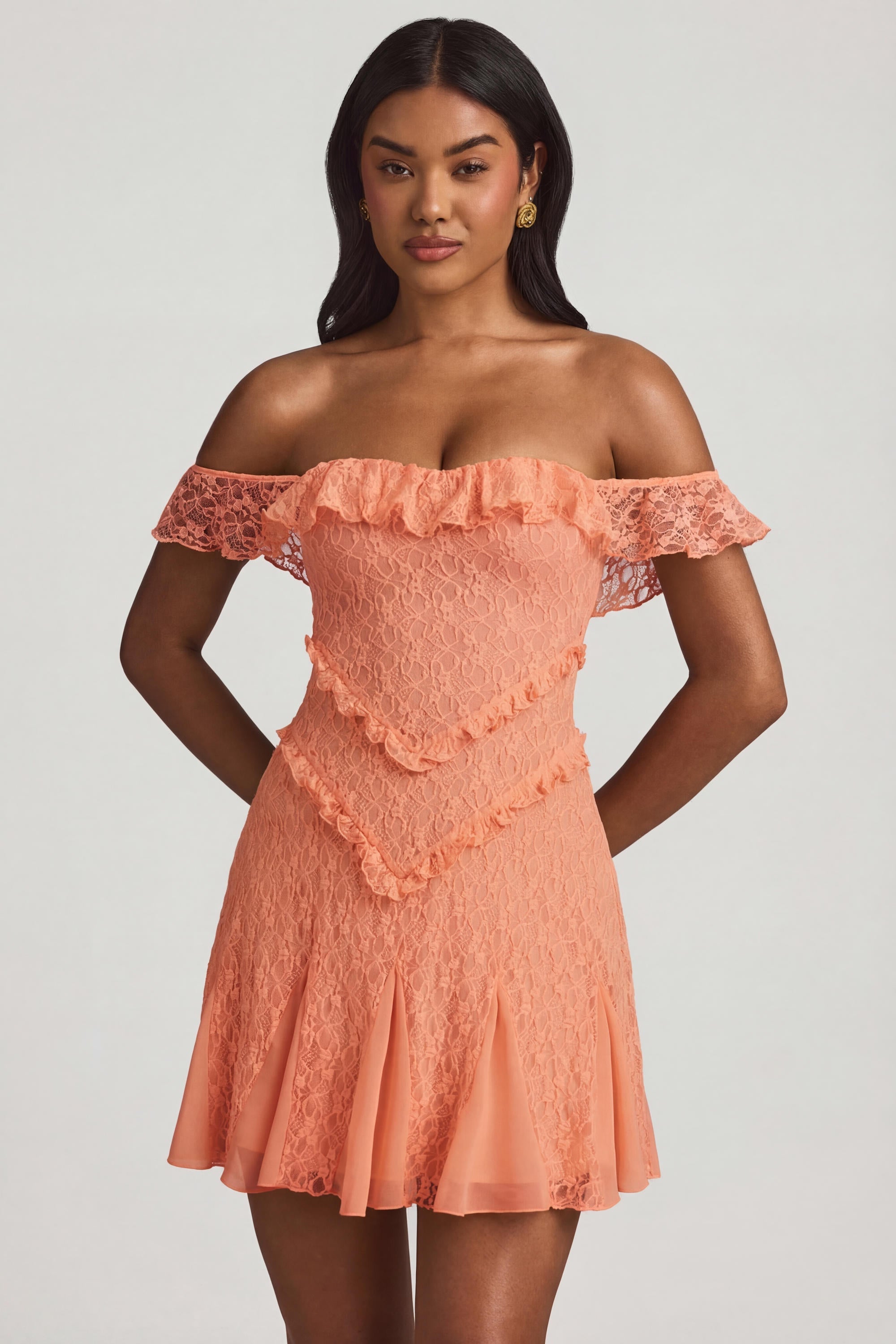 Off-Shoulder Lace A-Line Mini Dress in Peach