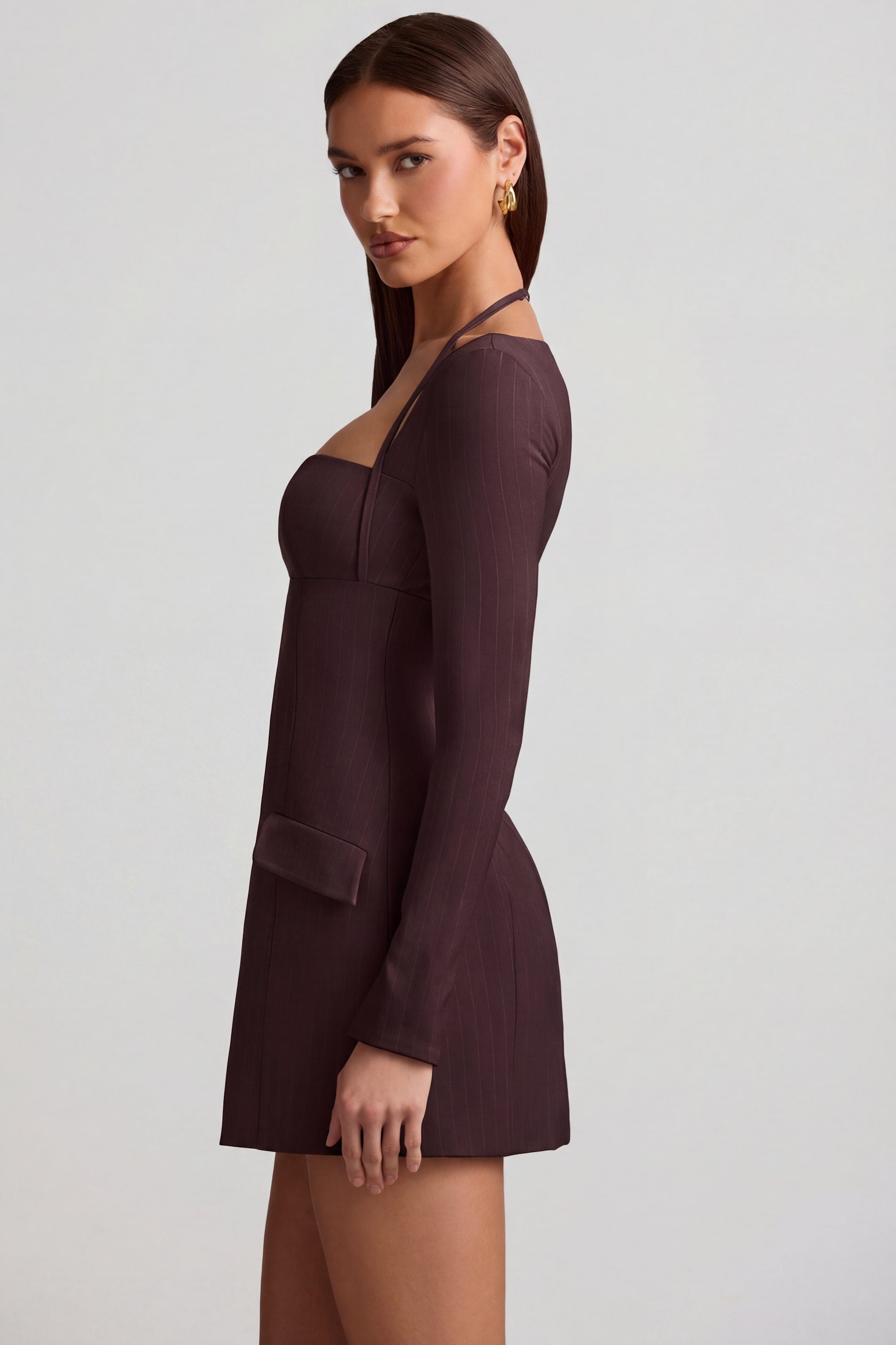 Pinstripe Structured A-Line Mini Dress in Chocolate Brown