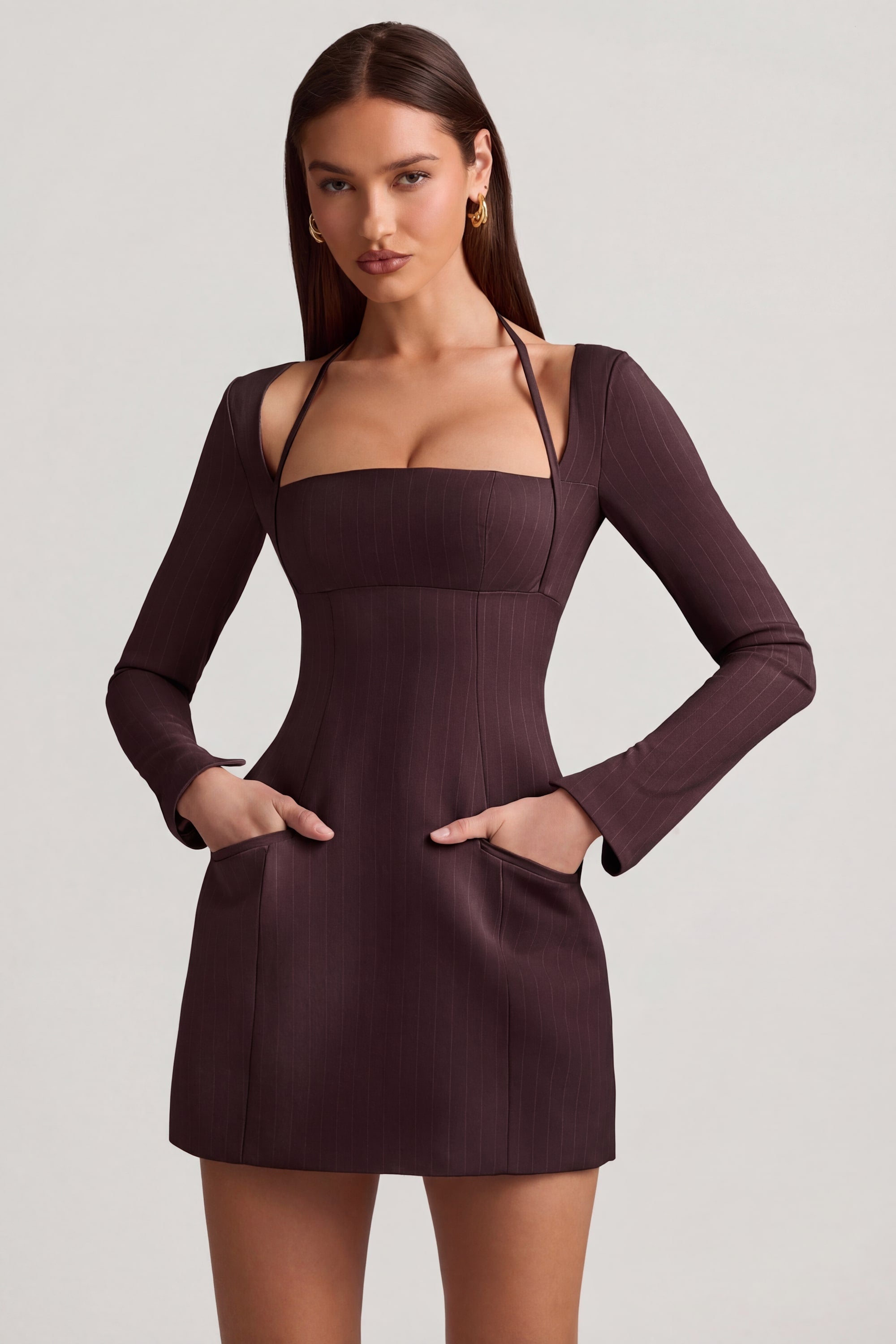 Pinstripe Structured A-Line Mini Dress in Chocolate Brown