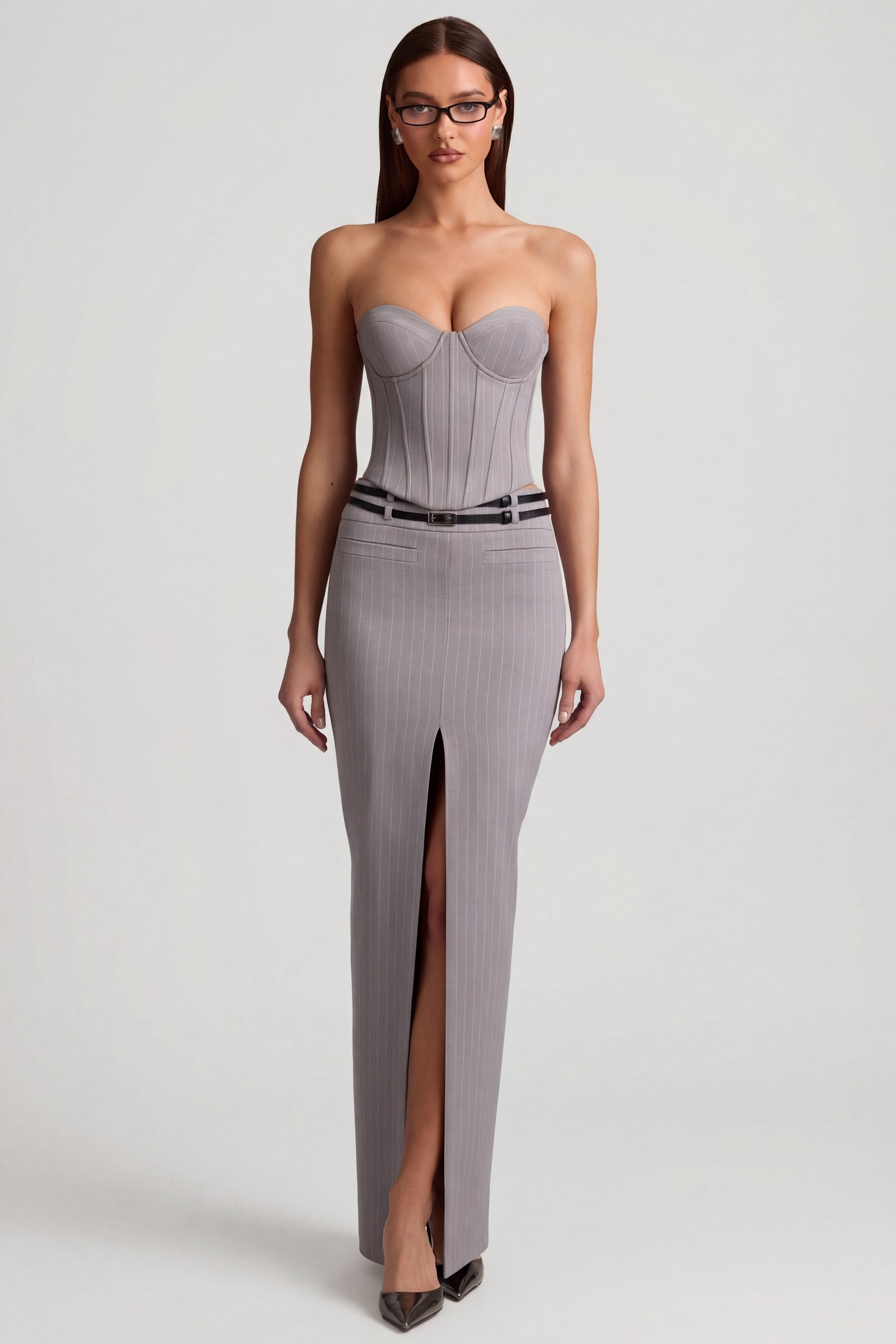 Pinstripe Low-Rise Maxi Skirt in Grey