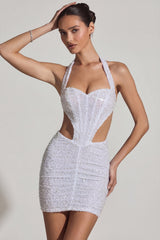 Embellished Cut-Out Halterneck Mini Dress in White