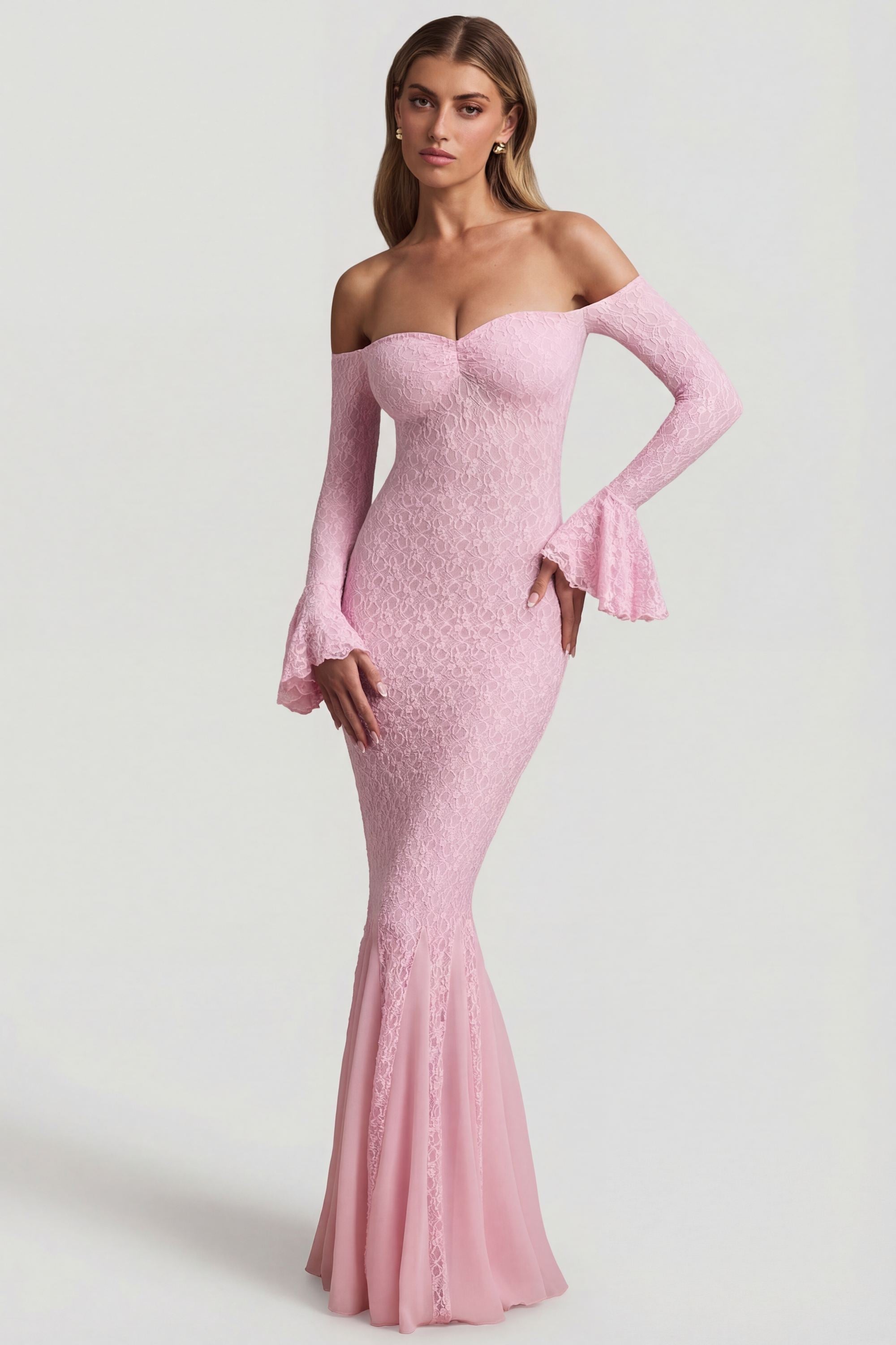 Off-Shoulder Ruffle Lace Maxi Dress in Soft Pink