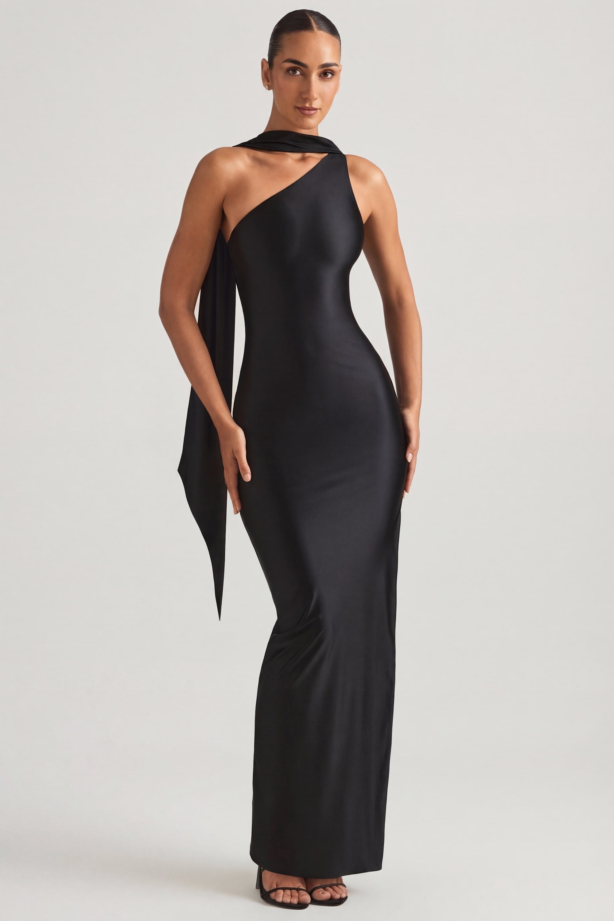 Asymmetric Scarf-Detail Maxi Dress in Black