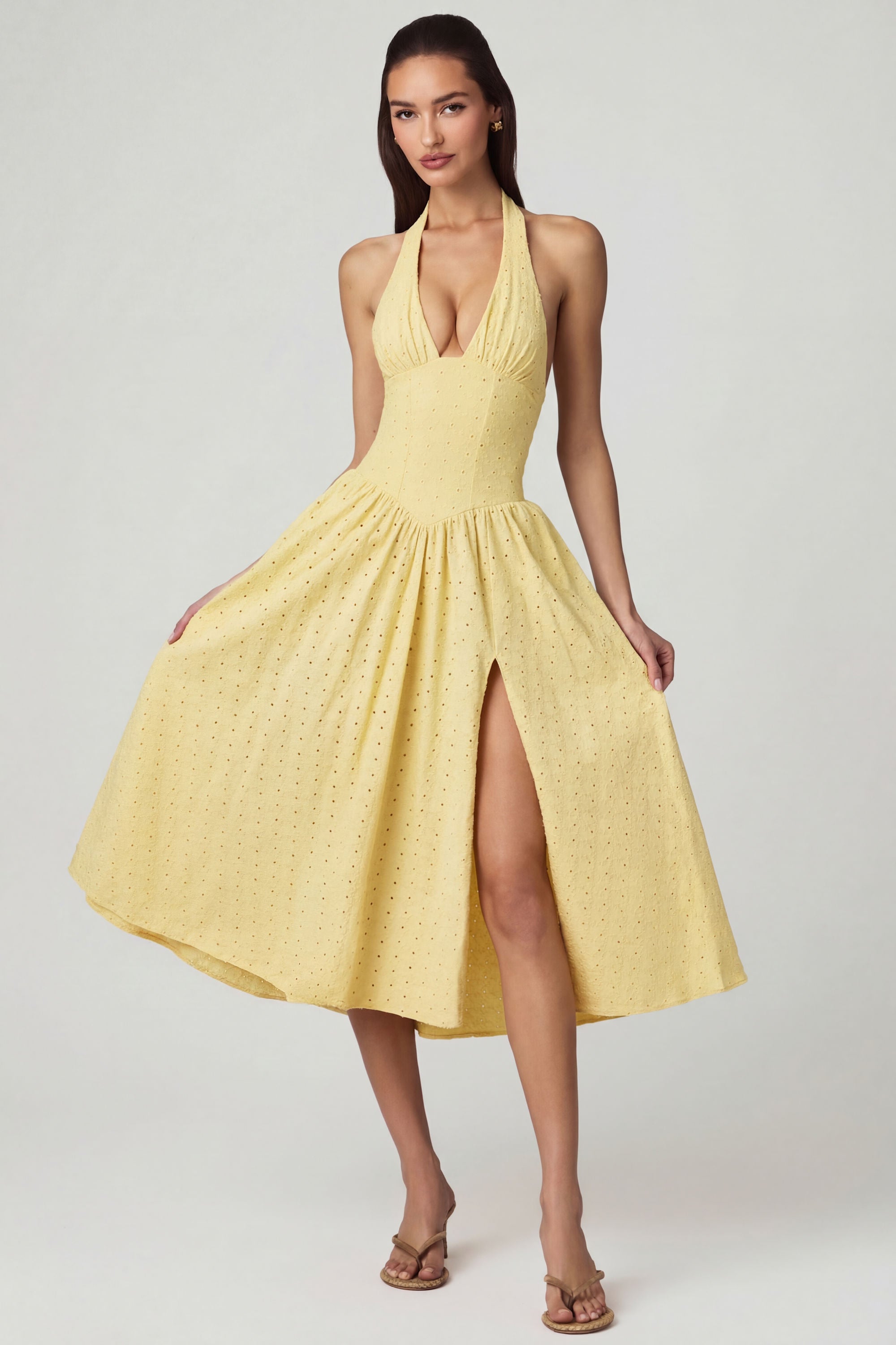 Modal Broderie Anglaise Halterneck Midaxi Dress in Lemon Yellow