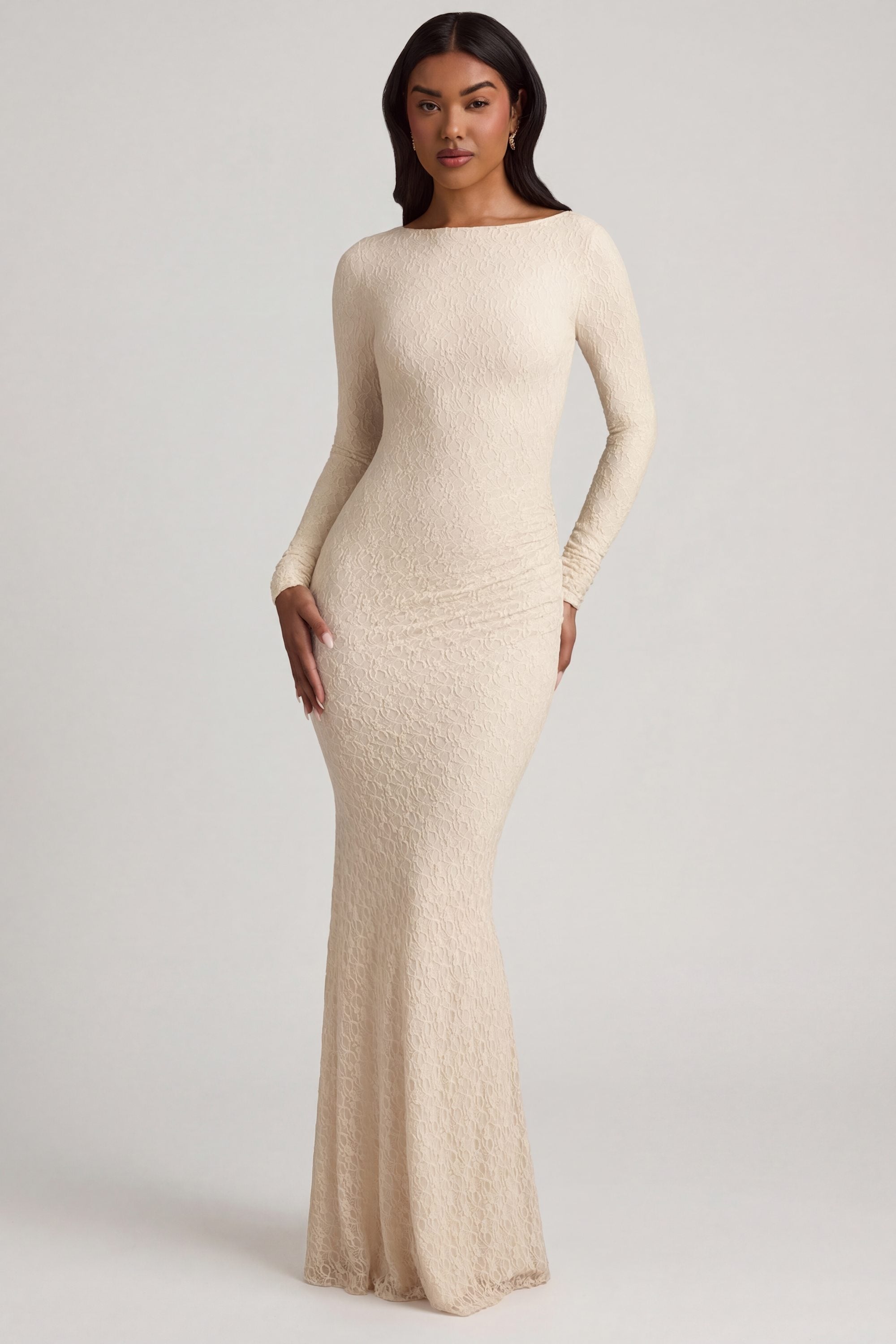 Ruched Backless Lace Maxi Dress in Ivory