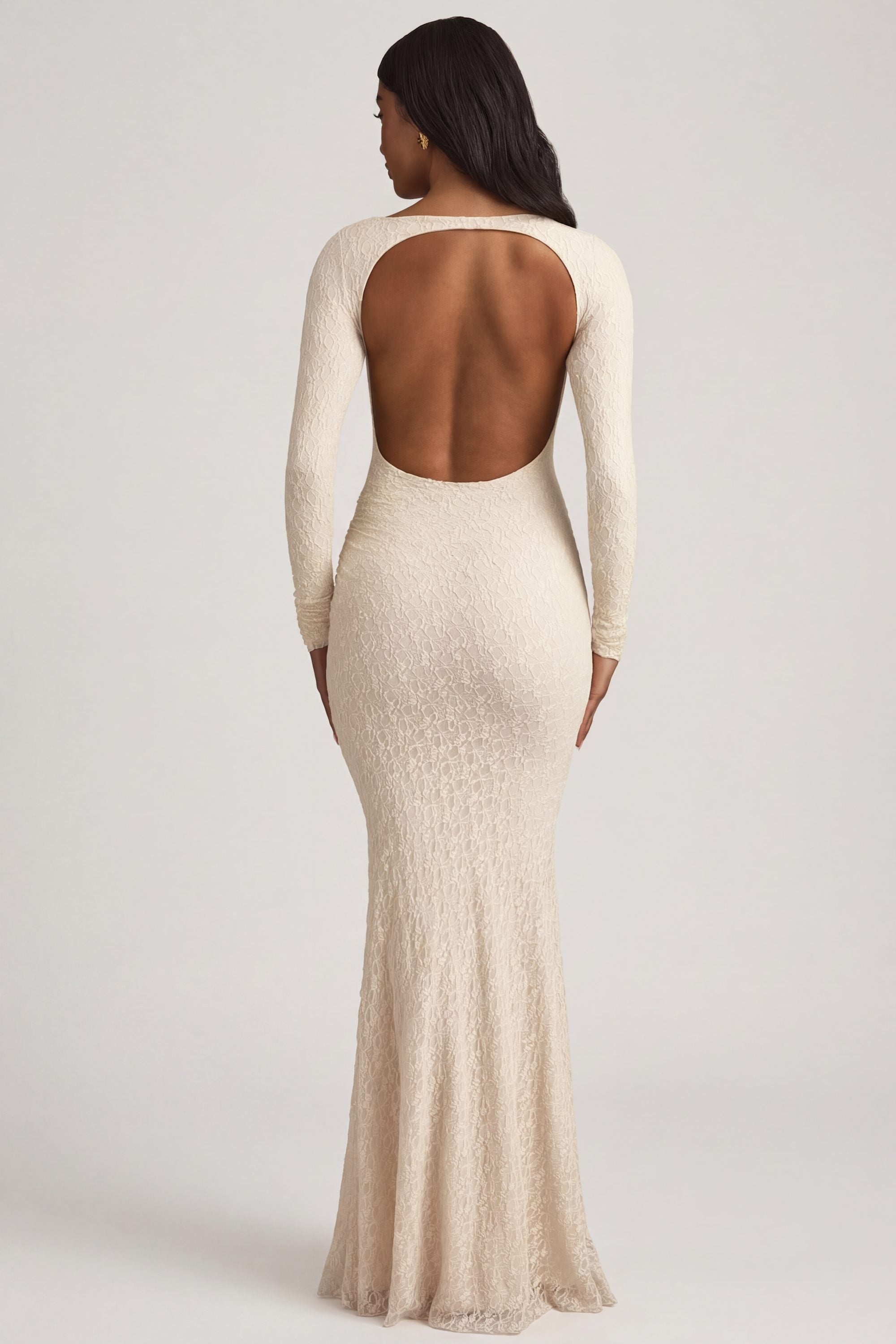 Ruched Backless Lace Maxi Dress in Ivory