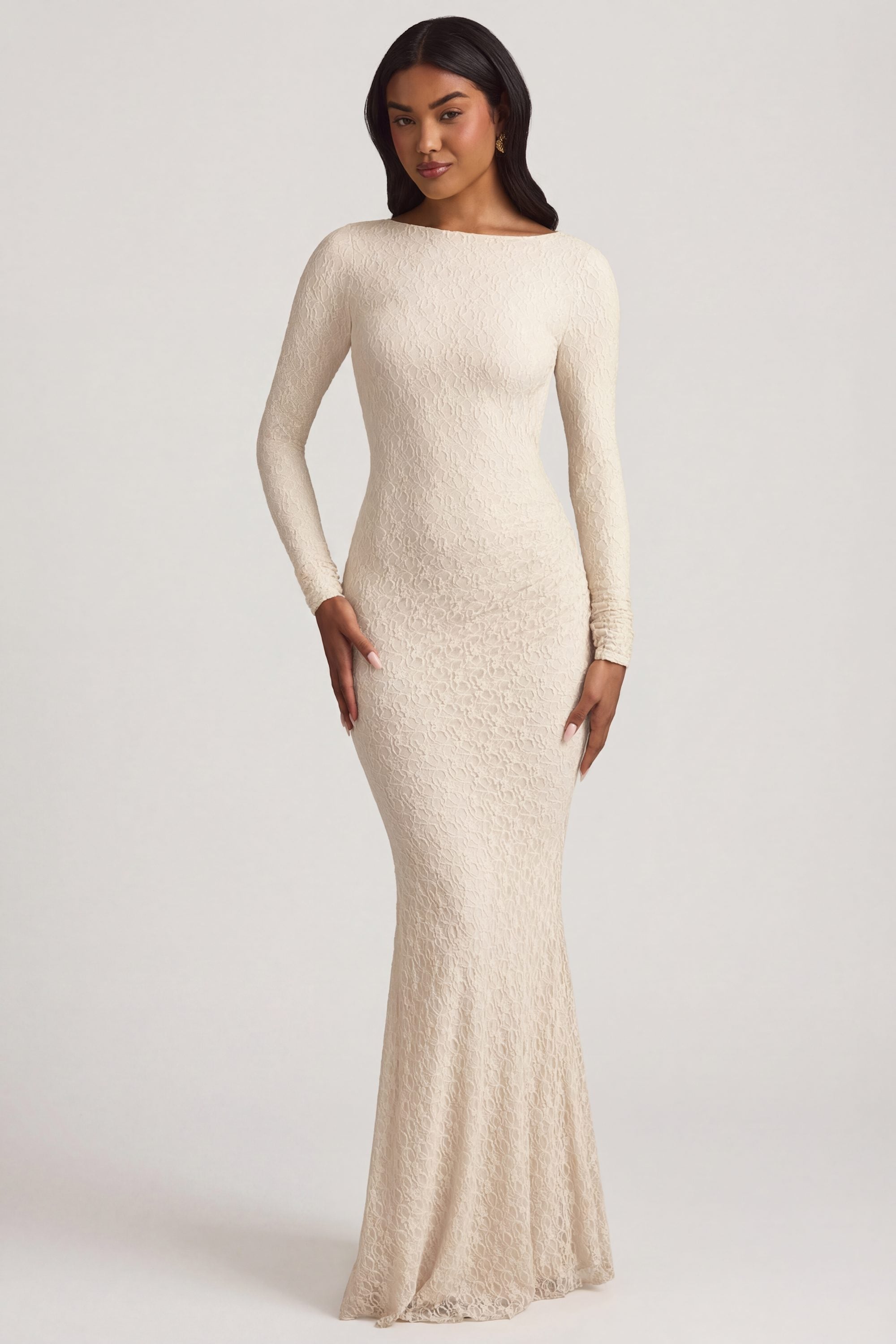 Ruched Backless Lace Maxi Dress in Ivory