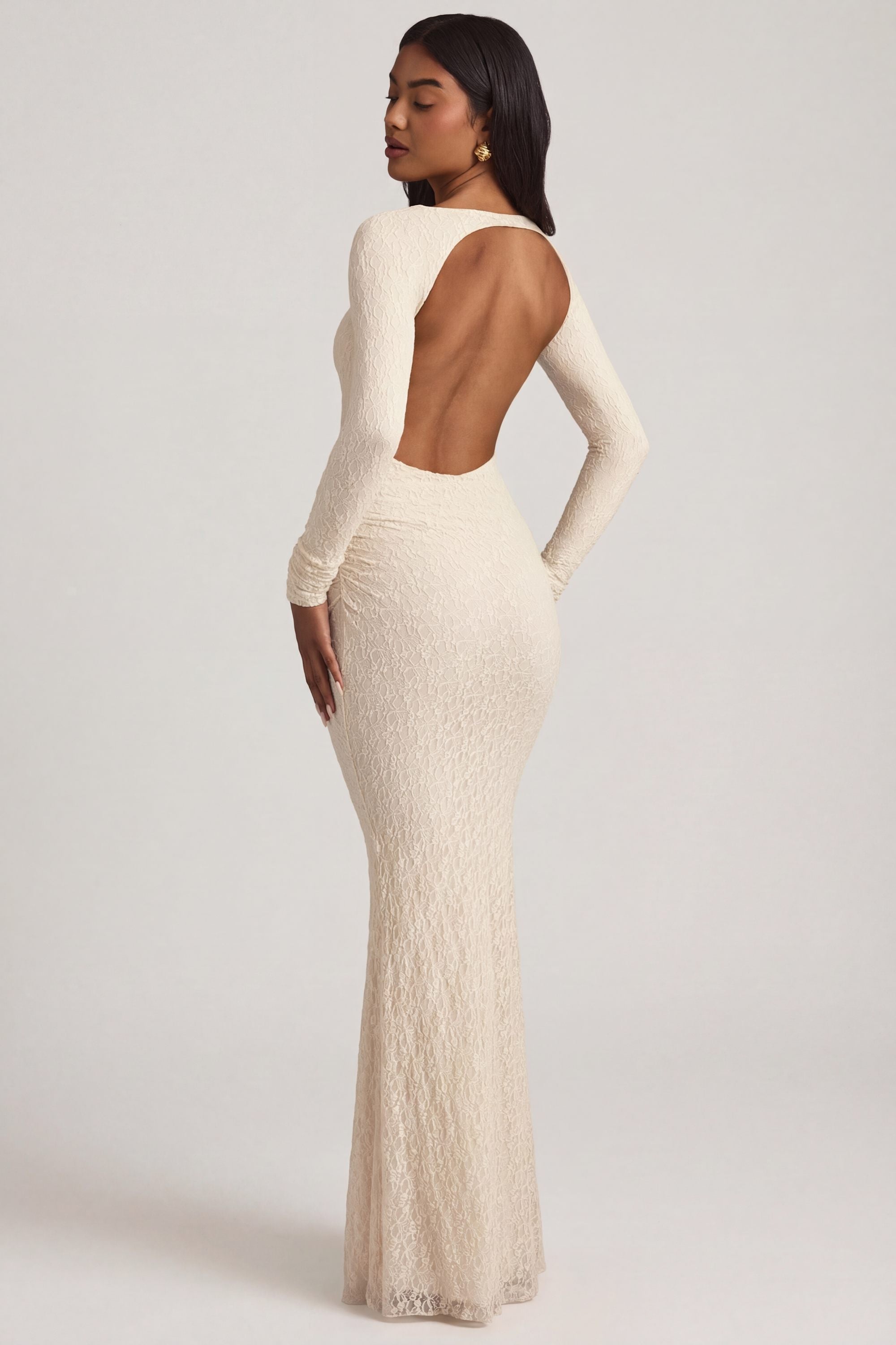 Ruched Backless Lace Maxi Dress in Ivory