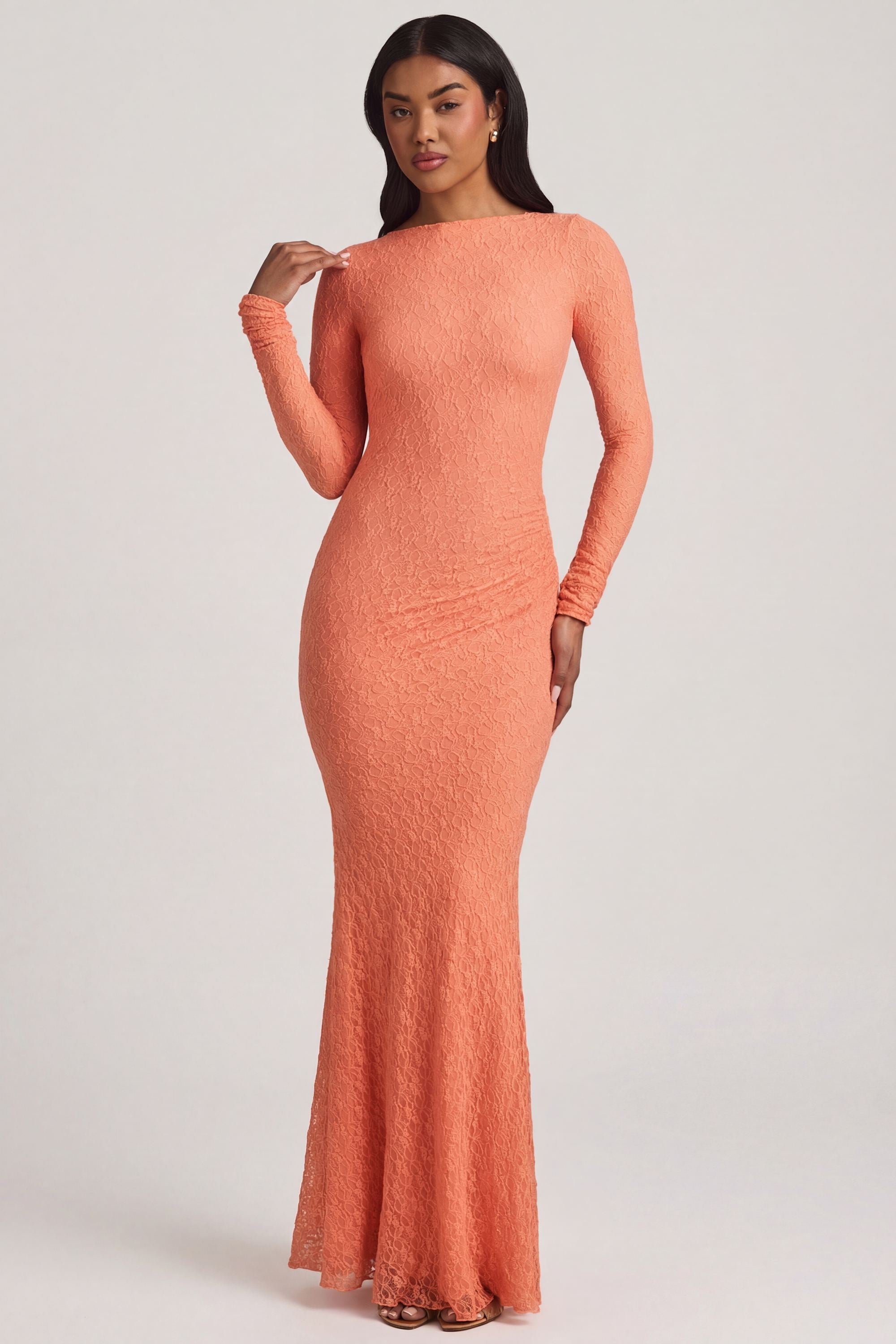 Ruched Backless Lace Maxi Dress in Peach