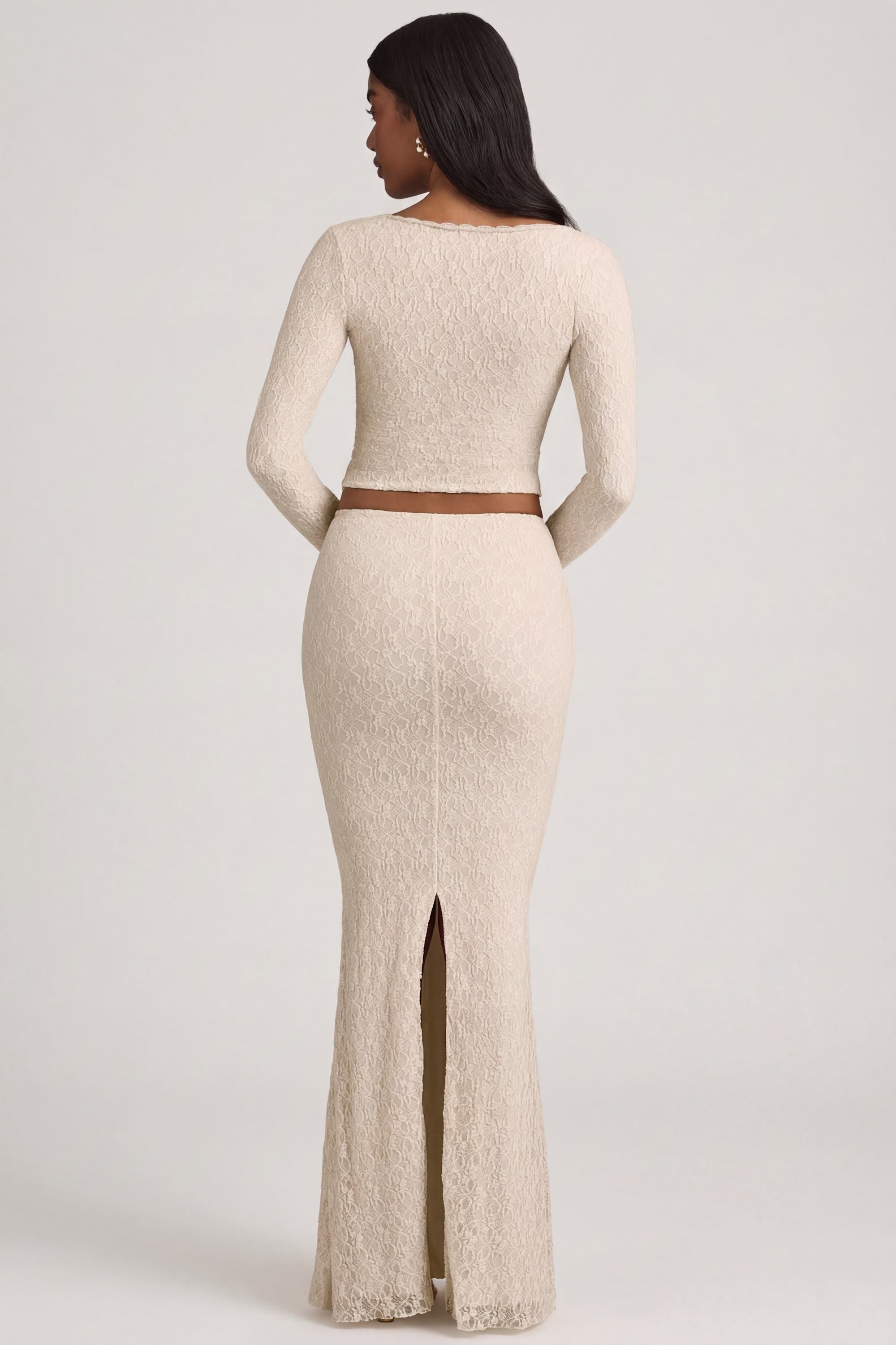 Draped Low-Rise Lace Maxi Skirt in Ivory
