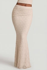 Draped Low-Rise Lace Maxi Skirt in Ivory