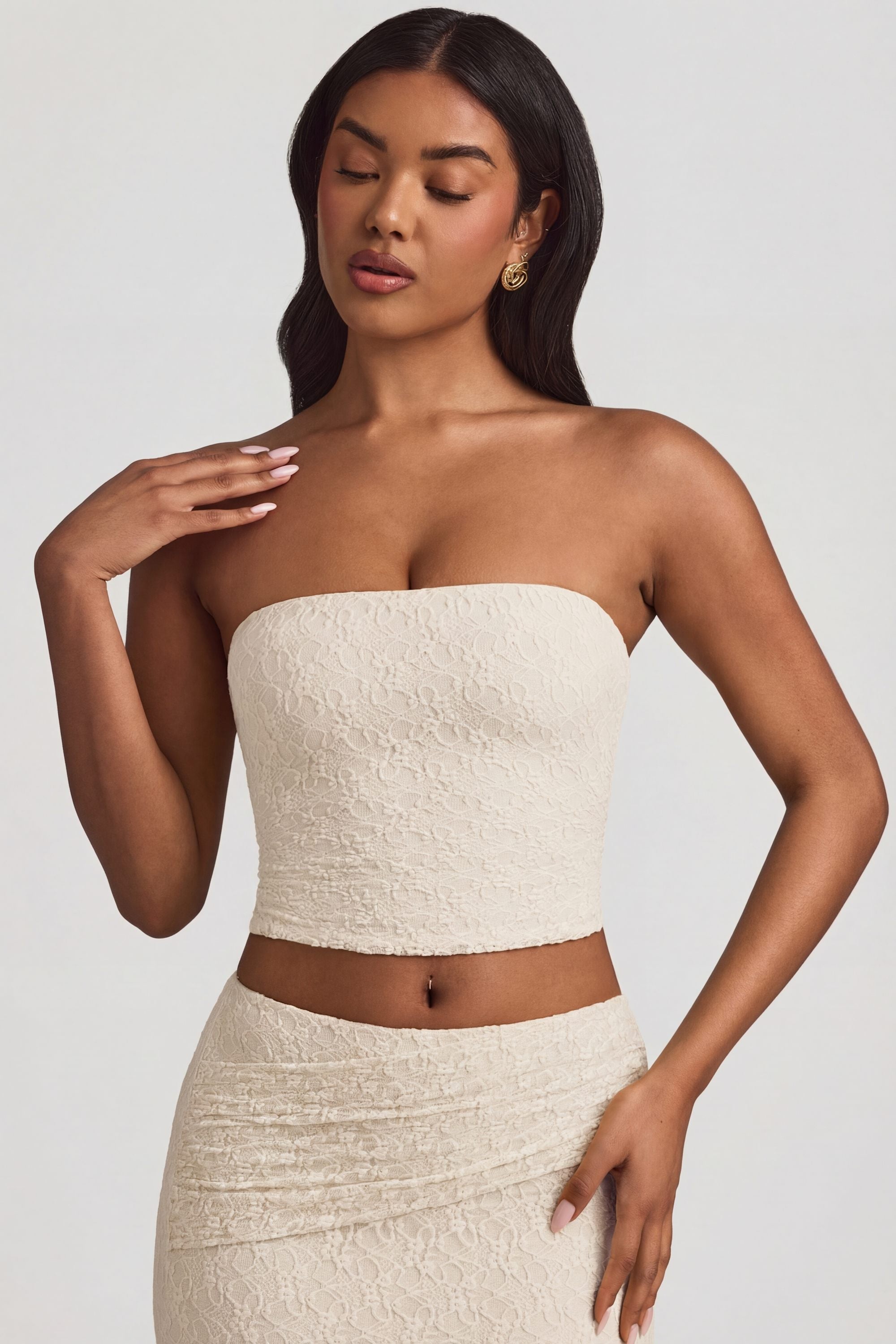 Ruched Strapless Lace Top in Ivory