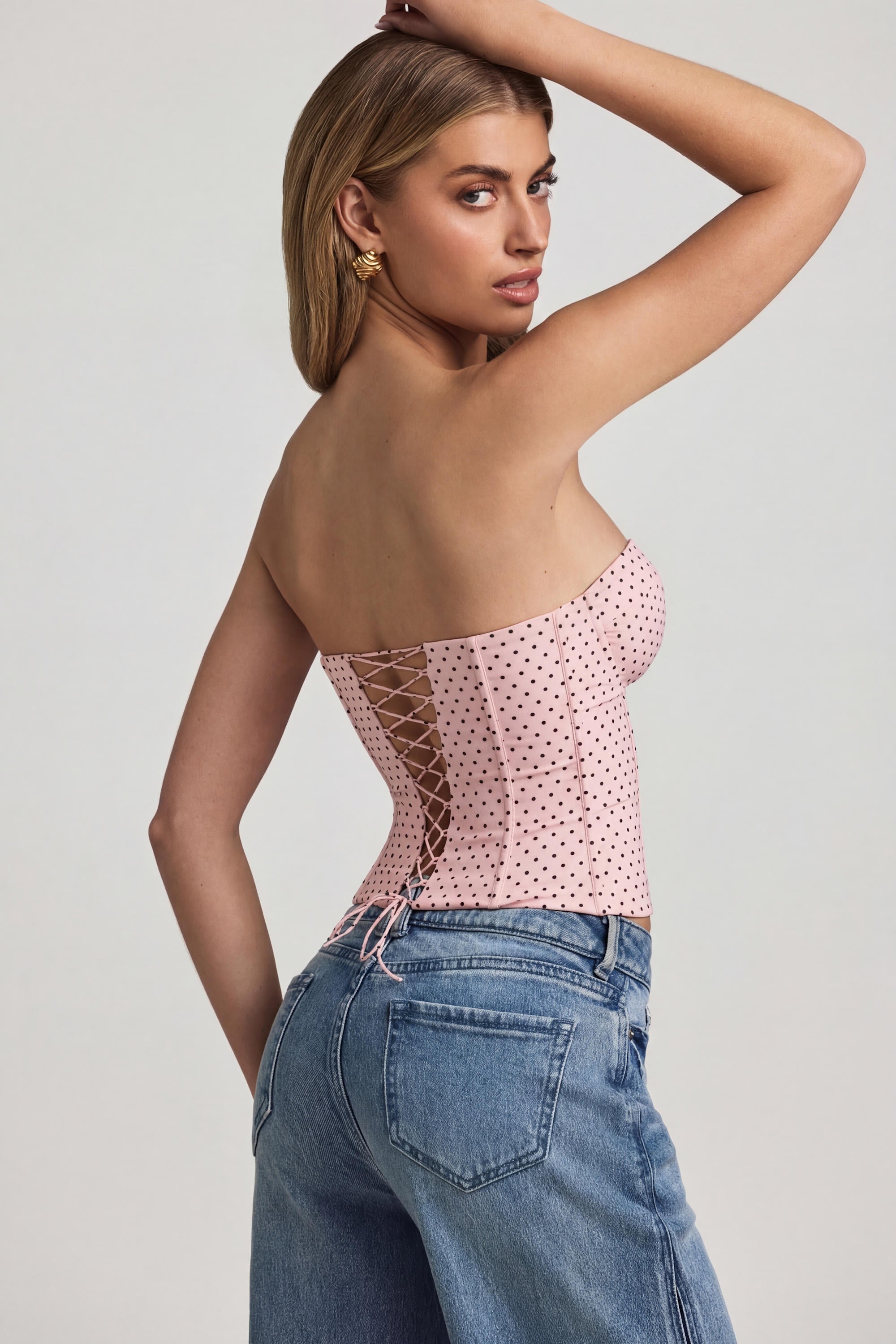 Lace-Up Strapless Corset Top in Pink Polka Dot