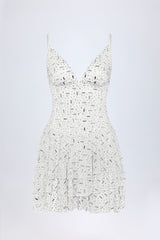 Embellished Ruffled Tiered Mini Dress in White