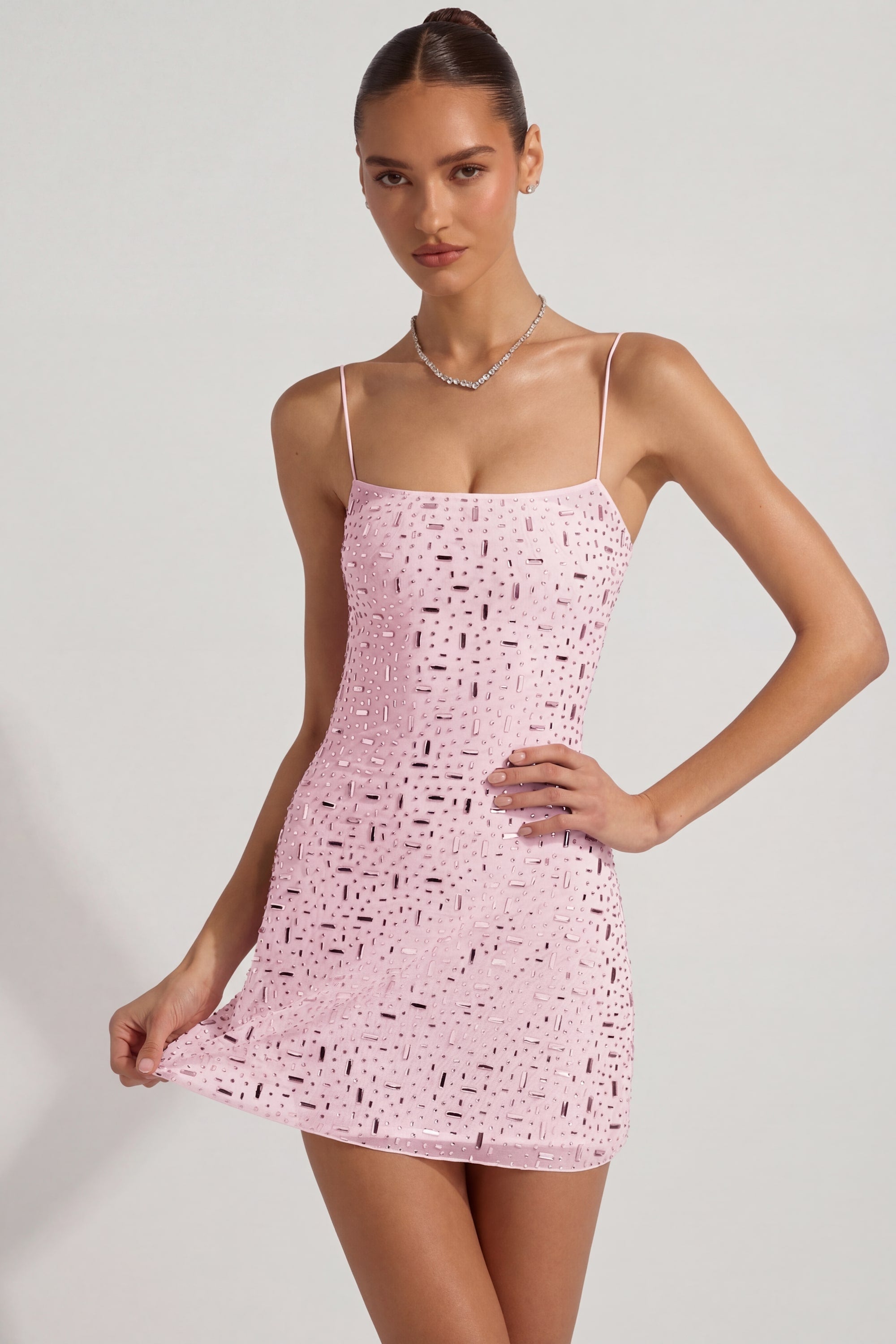 Sheer Embellished Square-Neck Mini Dress in Pink