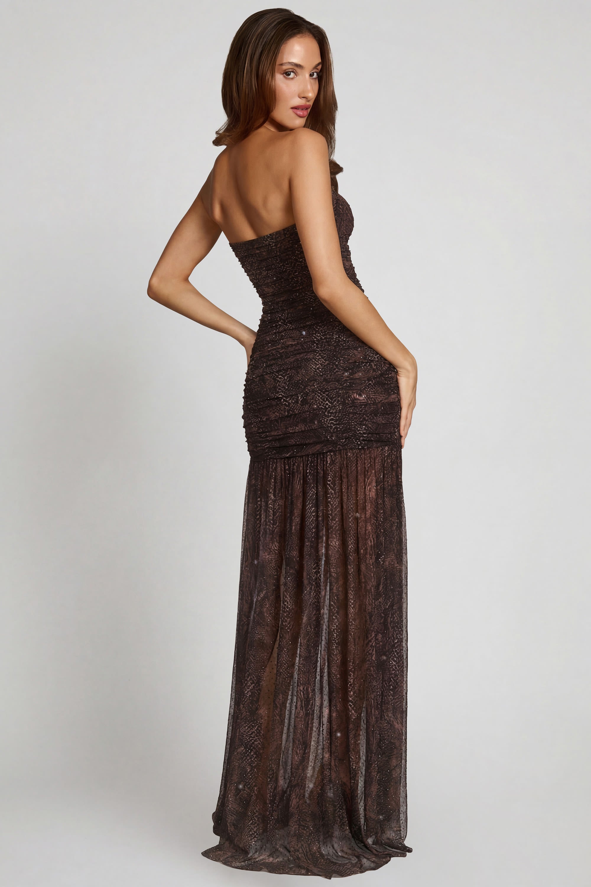 Embellished Bandeau Gathered Maxi Dress in Snake Hotfix