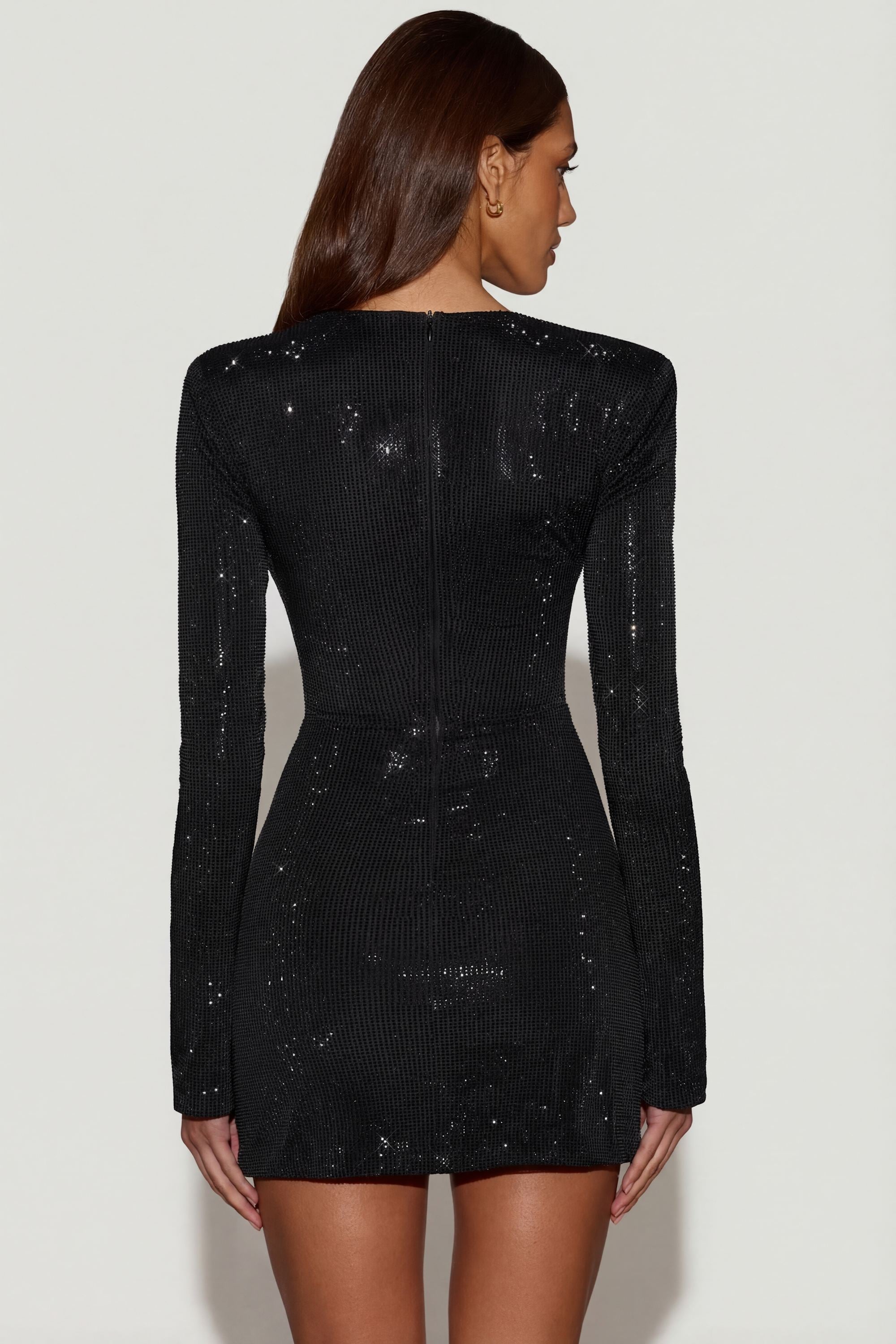 Embellished Asymmetric Bodycon Mini Dress in Black