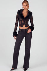Sheer Lace Faux-Fur-Trim Cardigan in Black