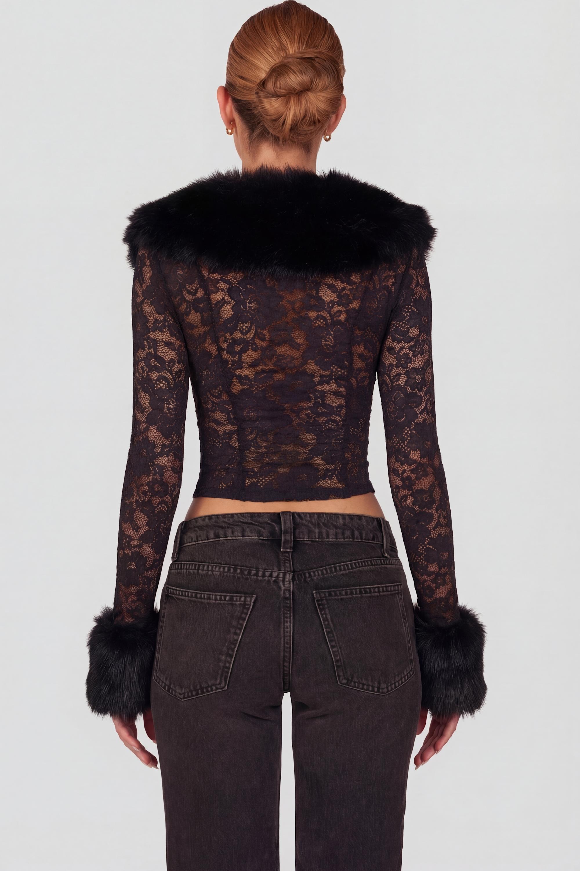 Sheer Lace Faux-Fur-Trim Cardigan in Black