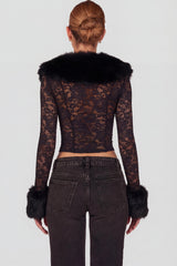 Sheer Lace Faux-Fur-Trim Cardigan in Black