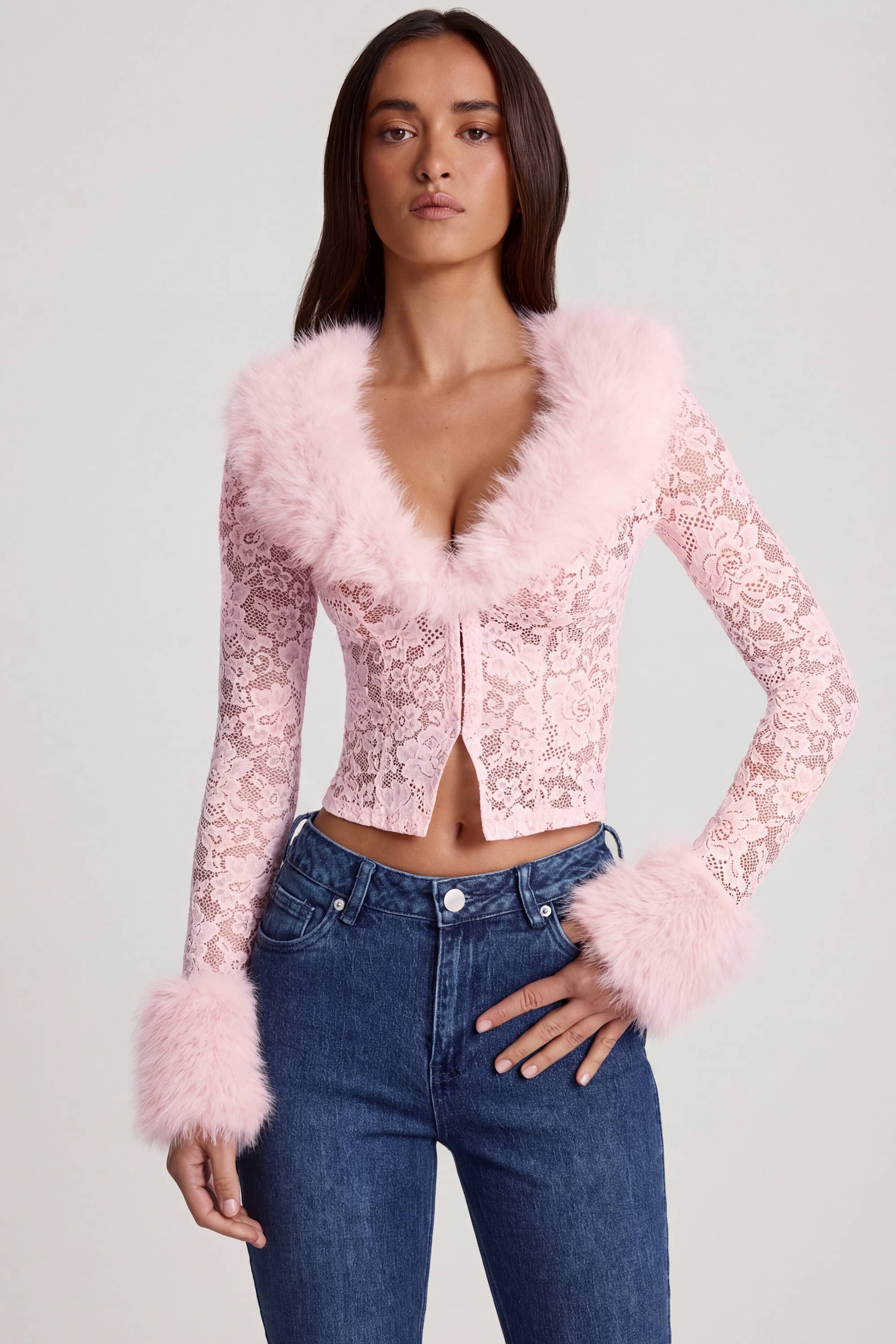 Sheer Lace Faux-Fur-Trim Cardigan in Pink