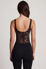 Sheer Lace Scalloped Plunge-Neck Bodysuit in Black