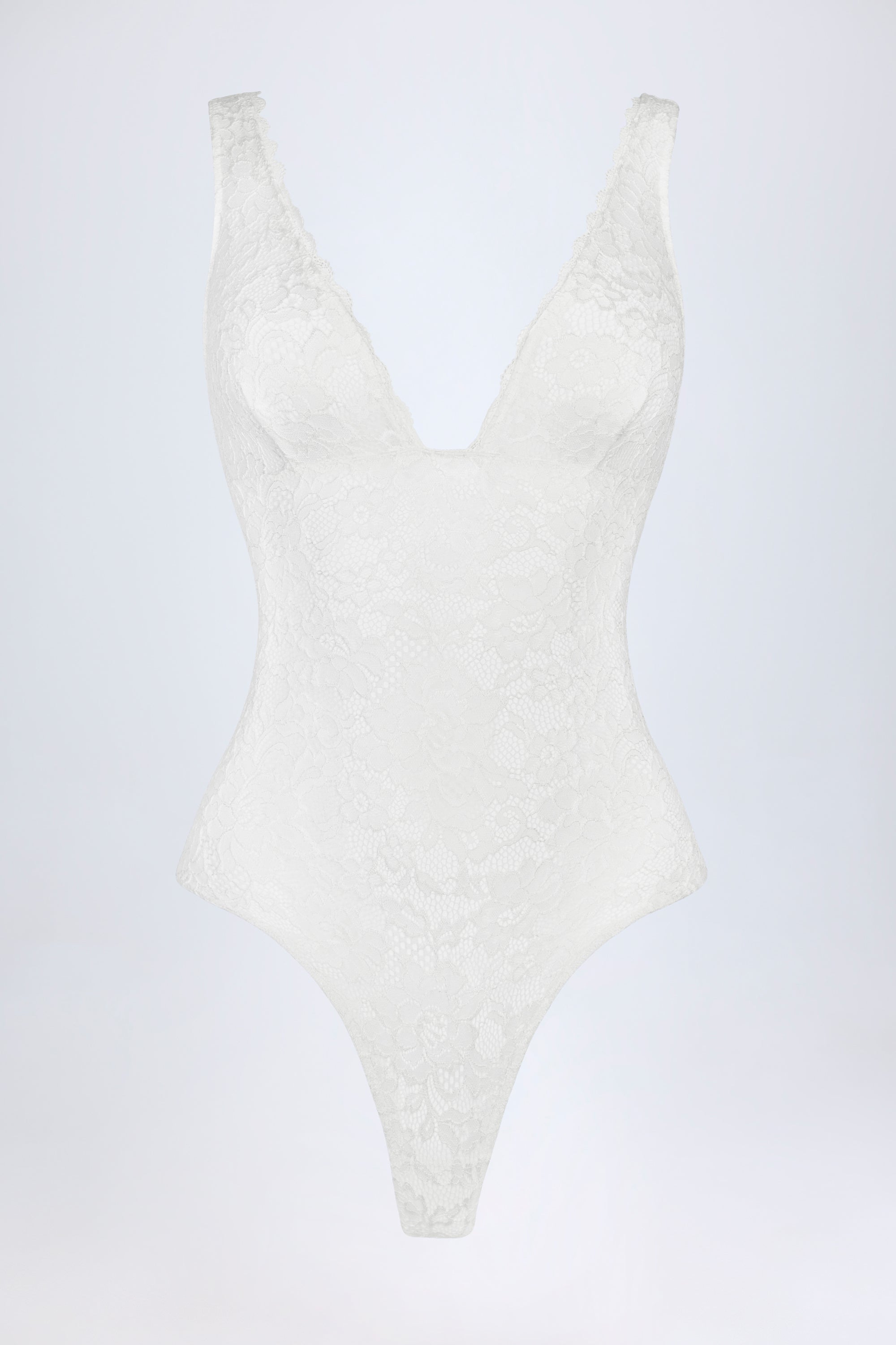 Sheer Lace Scalloped Plunge-Neck Bodysuit in White