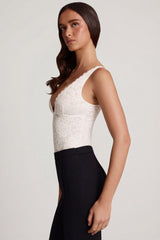 Sheer Lace Scalloped Plunge-Neck Bodysuit in White