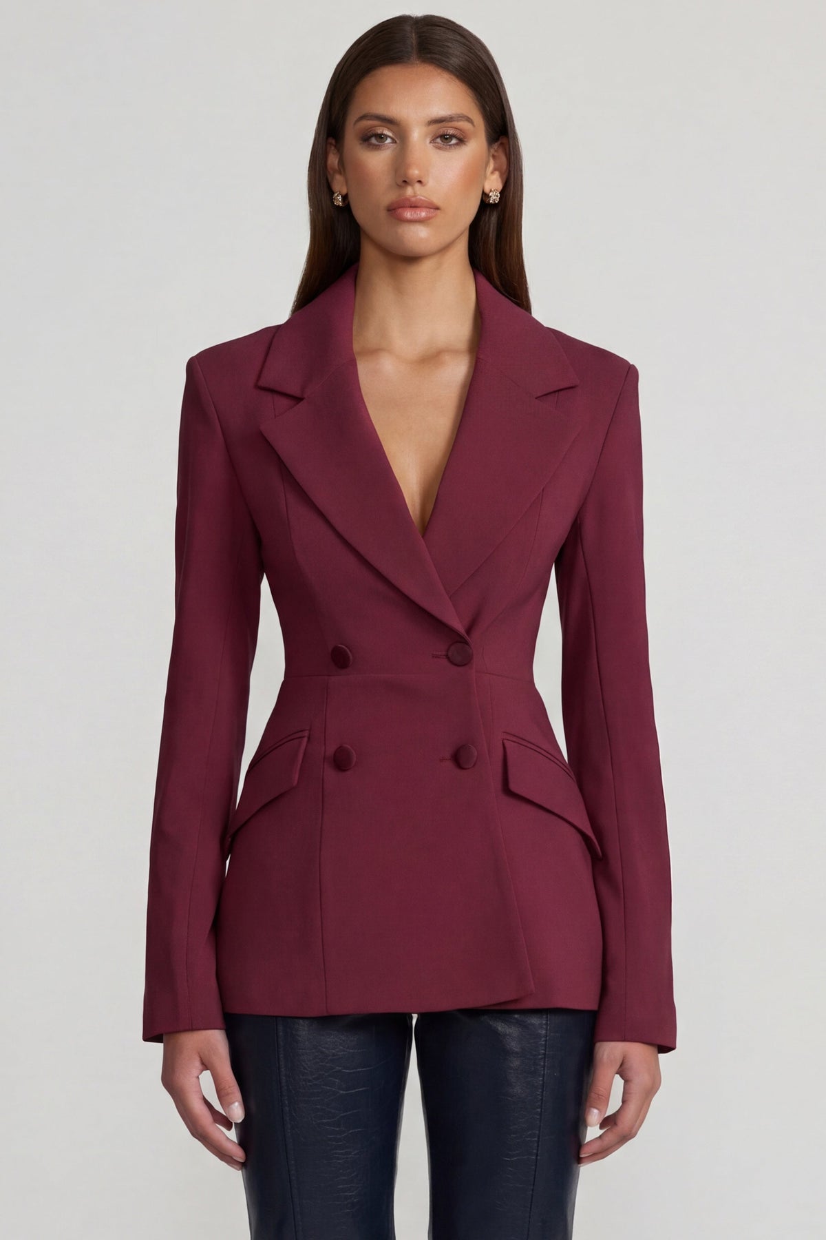 Structured Double-Breasted Blazer in Burgundy