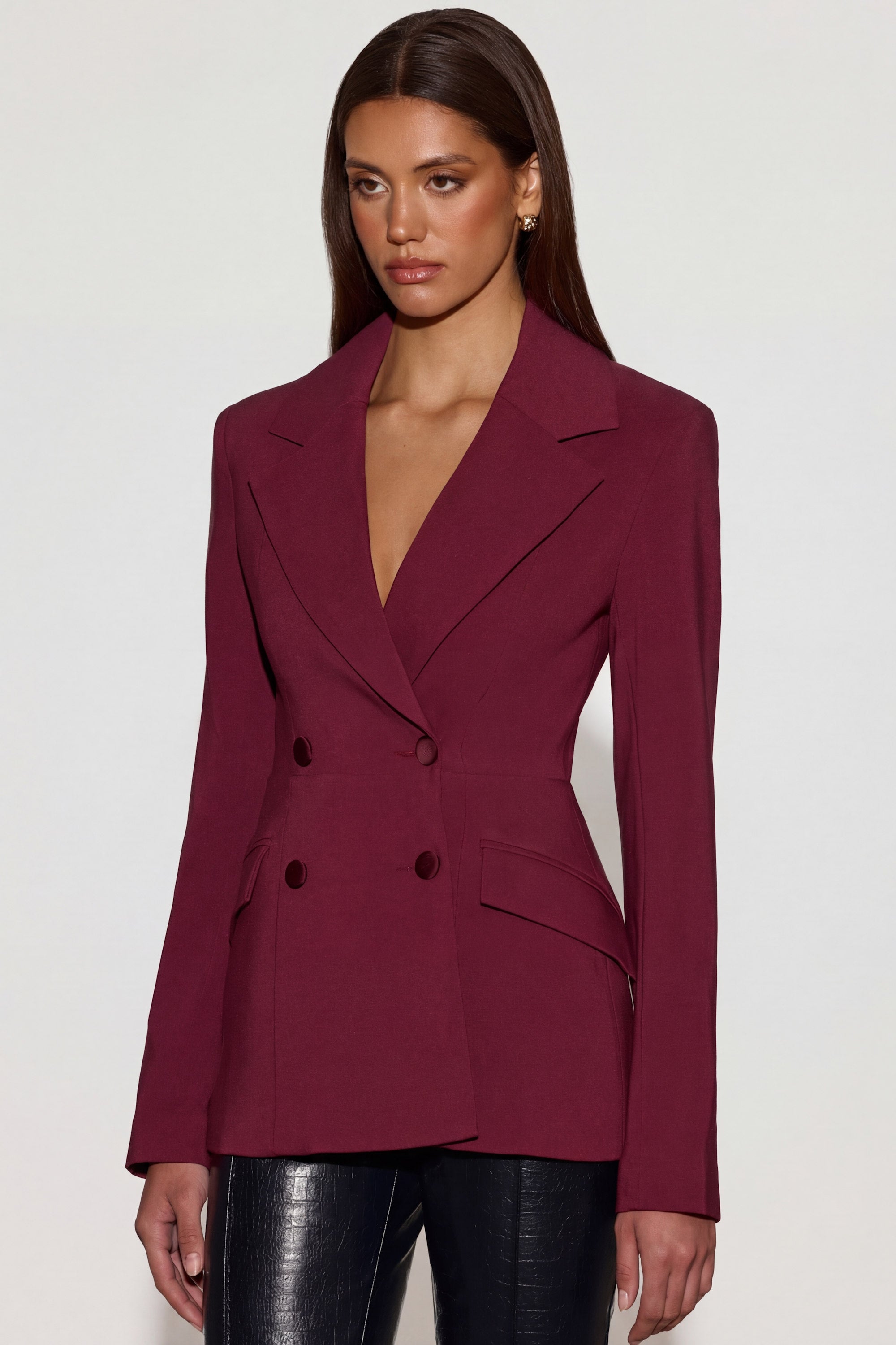 Structured Double-Breasted Blazer in Burgundy