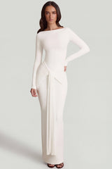 Soft Jersey Boat-Neck Tie-Gather Maxi Dress in White