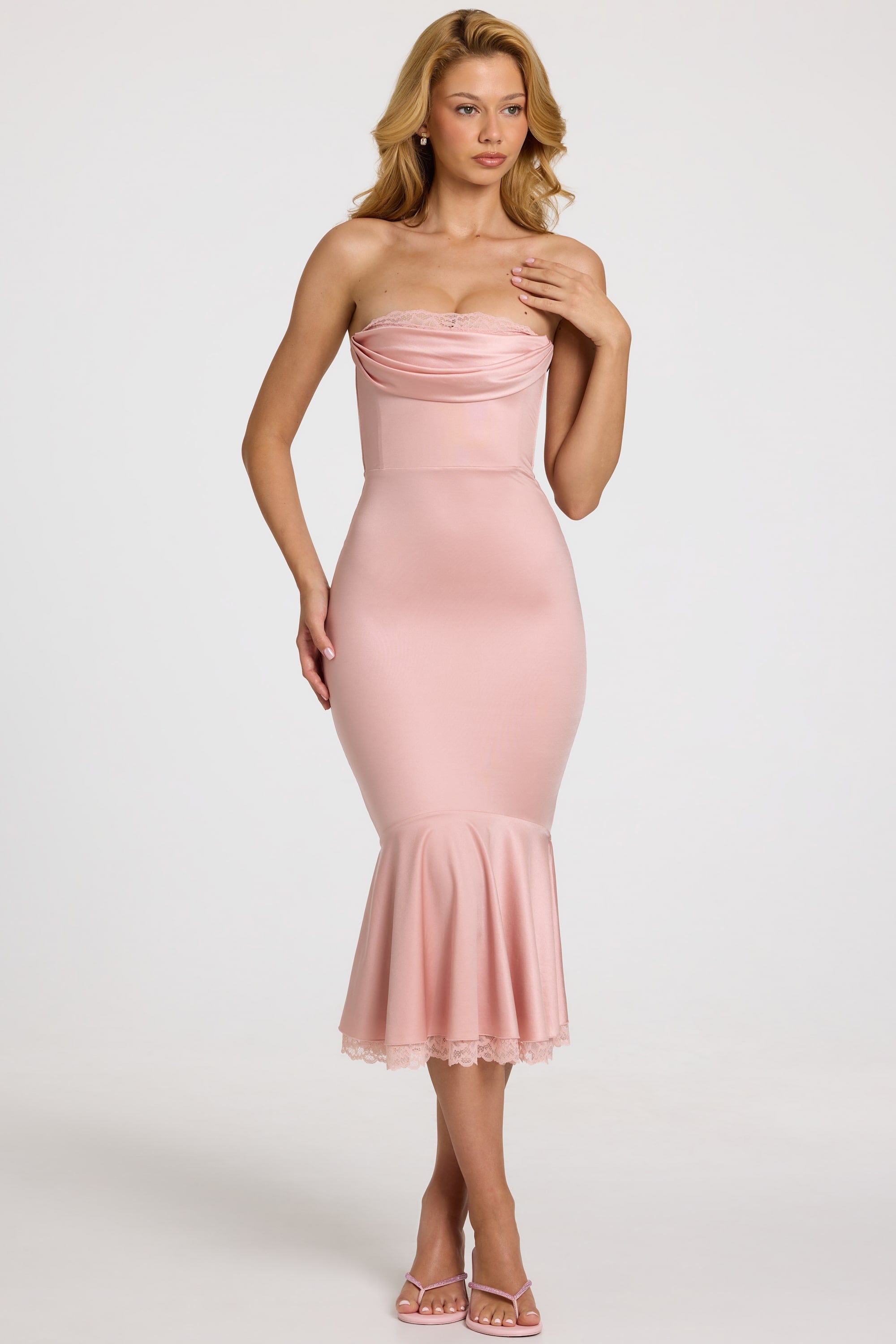 Satin Lace-Trim Bandeau Fluted Midaxi Dress in Blush Pink