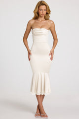 Satin Lace-Trim Bandeau Fluted Midaxi Dress in White