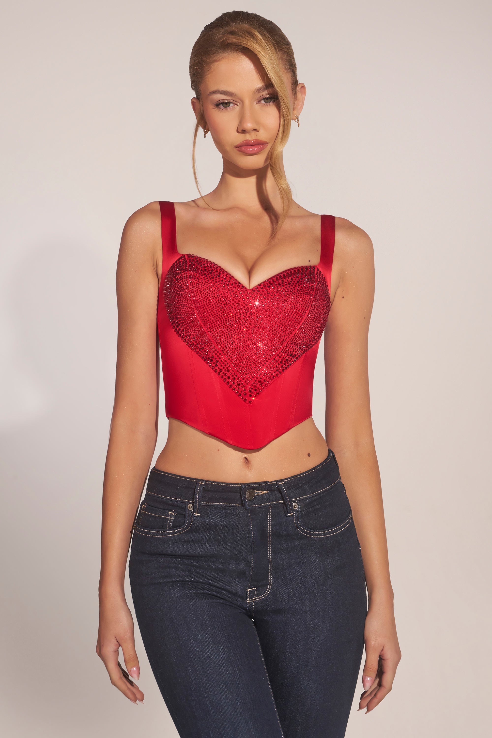Sweetheart-Neck Lace-Up Corset Top in Cherry
